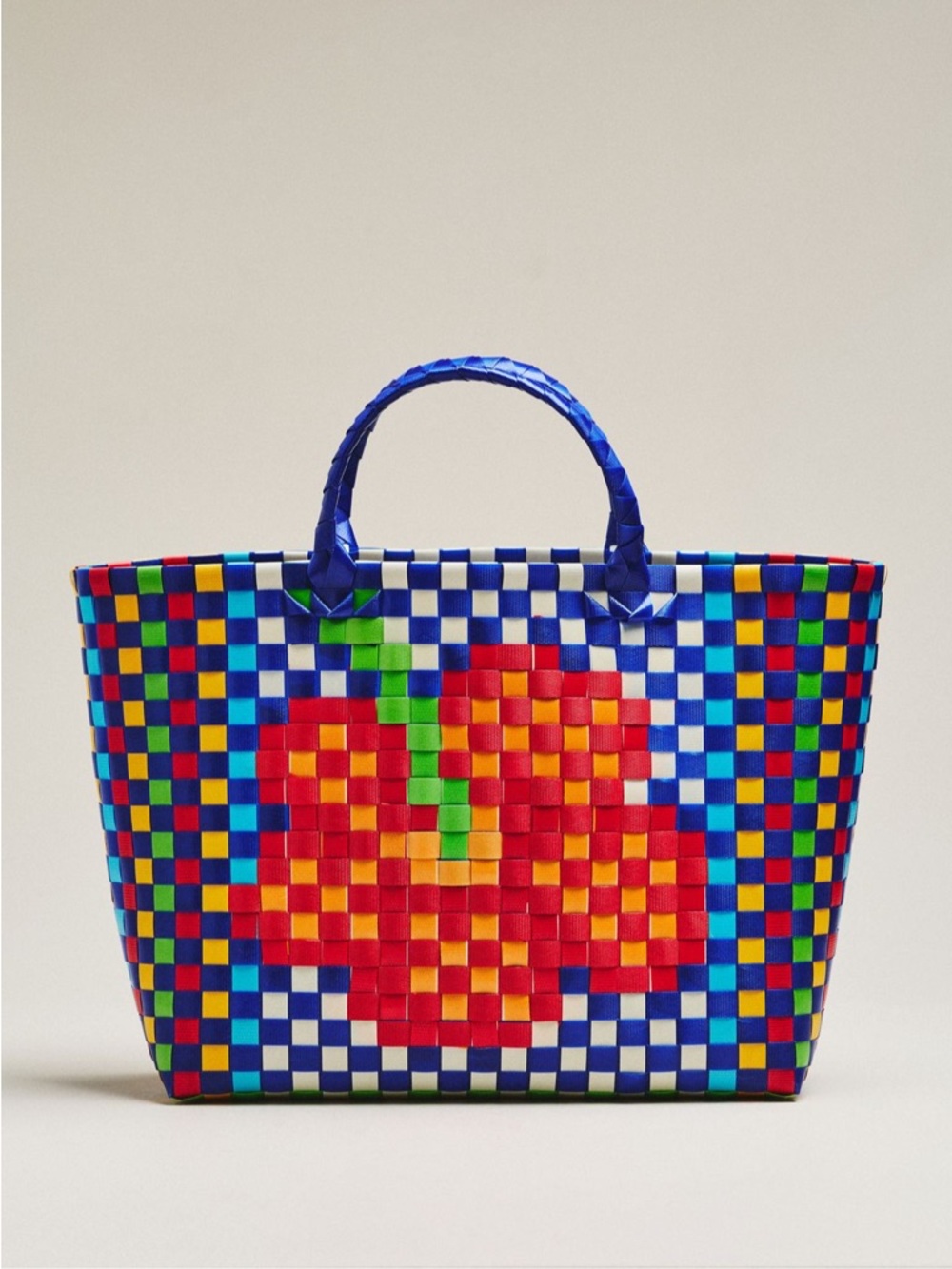 FARM Rio MULTI-COLORED WOVEN TOTE BAG w Blue Handles and Red Floral Motif NEW